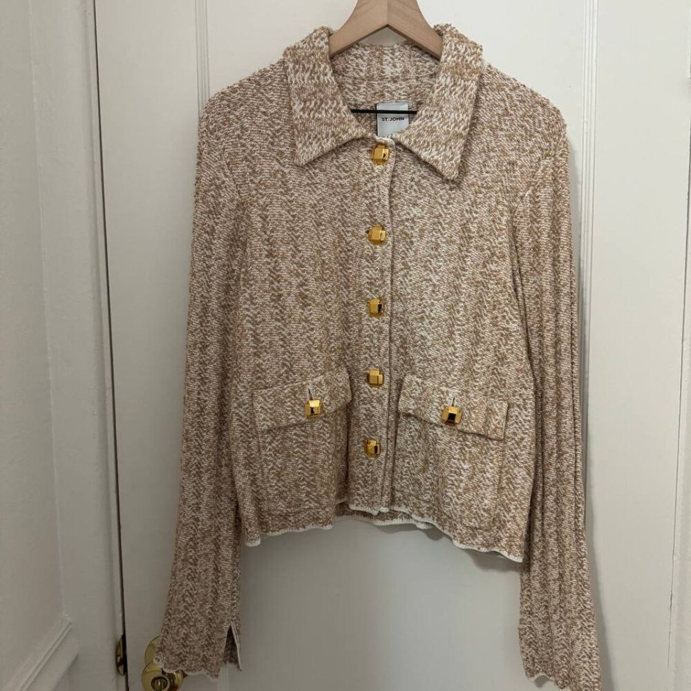 NWT ST JOHN COLLECTION Womens Beige Tweed Crop Jacket with tags, size XL